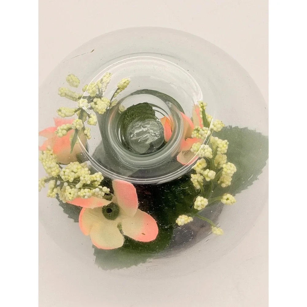 Vintage Glass Terrarium Votive Candle Holder Faux Pink Flowers Metal Base Orb